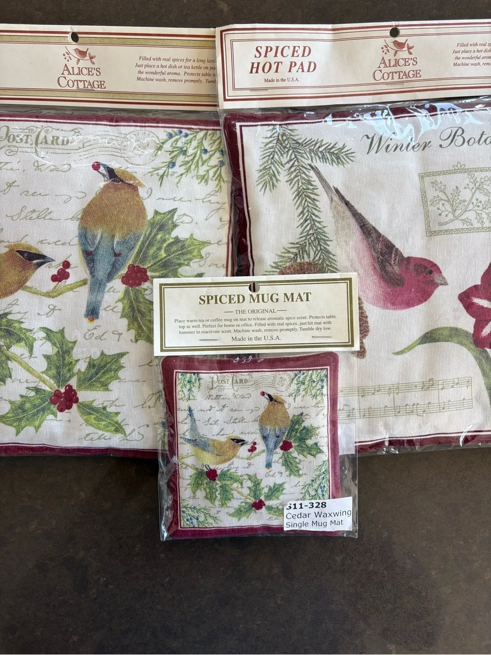 Alice's Cottage Spiced Hot Pads & Mug Mat Birds Flowers Garden Motif Brand New